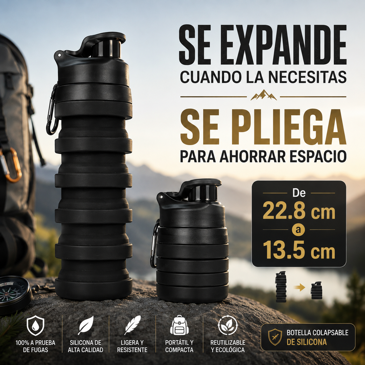 Botella Colapsable TrailFlex™ | Silicona Plegable para Senderismo y Viaje